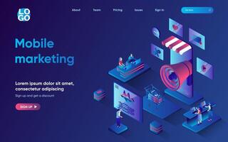 Mobile marketing service concept 3d isometric web landing page. People make market research, develop promotion strategy and advertise on smartphone app. illustration for web template design vector