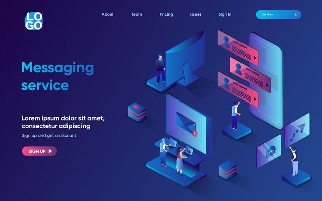 Messaging service concept 3d isometric web landing page. People correspond online, send and receive messages and emails using programs and applications. illustration for web template design