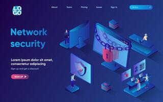 Network security concept 3d isometric web landing page. People use secure access to accounts, server protection system and data protection on Internet. illustration for web template design vector