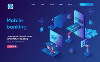 Mobile banking concept 3d isometric web landing page. People make financial transactions, pay for purchases with credit cards using mobile apps or websites. illustration for web template design vector