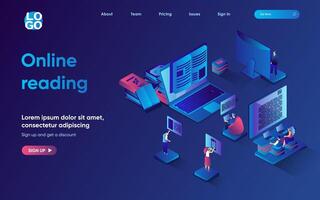 Online reading concept 3d isometric web landing page. People read e-books and studying textbooks using different devices, e-learning and digital library. illustration for web template design vector