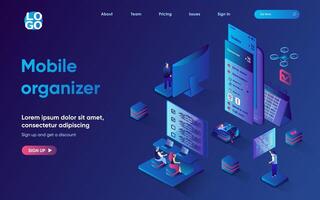 Mobile organizer service concept 3d isometric web landing page. People manage files in application, plan tasks and meetings, set goals, time management. illustration for web template design vector