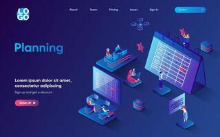 Business planning concept 3d isometric web landing page. People make schedules with work tasks, mark dates on calendar, organize workflow, time management. illustration for web template design vector