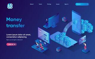 Money transfer concept 3d isometric web landing page. People make financial transactions using mobile banking, send and receive finance to their accounts. illustration for web template design vector