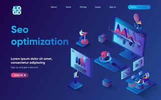 Seo optimization concept 3d isometric web landing page. People do research and analyze data, optimize site for search engine, increase traffic and promote. illustration for web template design vector