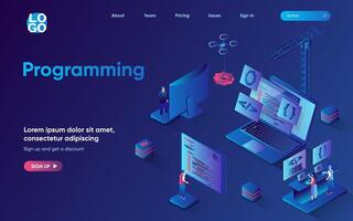 Programming concept 3d isometric web landing page. People develop software and programs, create applications, work with code, optimize and launch product. illustration for web template design vector