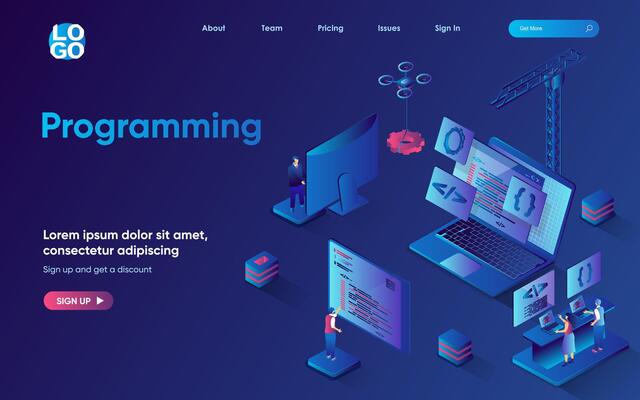Programming concept 3d isometric web landing page. People develop software and programs, create applications, work with code, optimize and launch product. illustration for web template design