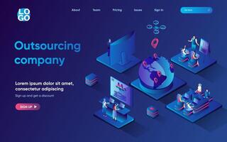 Outsourcing company concept 3d isometric web landing page. People work remotely from home in international company, perform tasks and communicate online. illustration for web template design vector