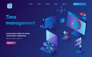 Time management concept 3d isometric web landing page. People manage time and work processes, schedule meetings, achieve goals, complete tasks to deadline. illustration for web template design vector