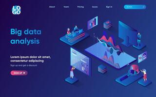 Big data analysis concept 3d isometric web landing page. People making financial reports and market research, studying statistics on charts and graphs. illustration for web template design vector