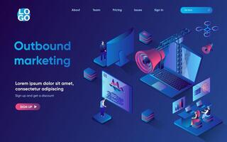 Outbound marketing concept 3d isometric web landing page. People develop promotion strategy, making advertising campaign, attract customers to buy product. illustration for web template design vector