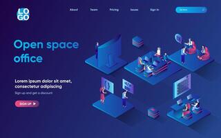 Open space office concept 3d isometric web landing page. People work in coworking place together, perform and discuss tasks, collaborate and brainstorm. illustration for web template design vector