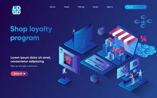 Shop loyalty program concept 3d isometric web landing page. People make purchases and receive bonuses and gifts from stores, smart shopping with discounts. illustration for web template design vector