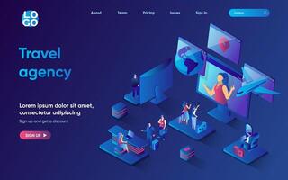 Travel agency concept 3d isometric web landing page. People with luggage choose vacation tour, buy plane tickets, booking hotel and travel around world. illustration for web template design vector