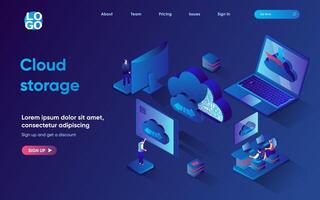 Cloud storage concept 3d isometric web landing page. People upload and transfer files using cloud technology, work with online databases and making backups. illustration for web template design vector