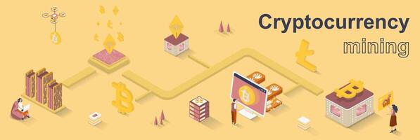 Cryptocurrency mining concept 3d isometric web banner. People create mining farms, buy or sell bitcoin at exchange, exchange digital money. illustration for landing page and web template design vector