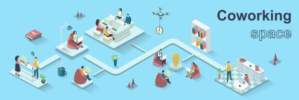 Coworking space concept 3d isometric web banner. People working in open office, brainstorming, business communication and teamwork. illustration for landing page and web template design vector