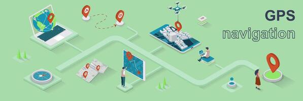 GPS navegación concepto 3d isométrica web bandera. personas utilizar en línea mapas y aplicaciones con geolocalización rastreo tecnología en ruta. ilustración para aterrizaje página y web modelo diseño vector