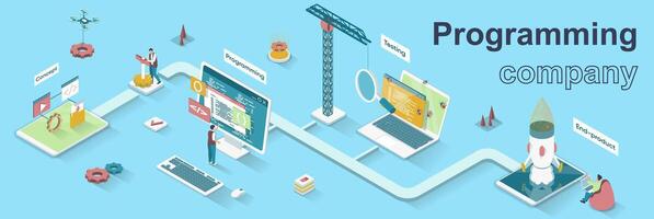 Programming company concept 3d isometric web banner. People develop software and programs, write code, test, optimize and launch product. illustration for landing page and web template design vector