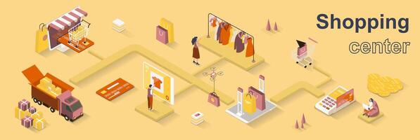 Shopping center concept 3d isometric web banner. People choose clothes in store or make purchases online, pay and use delivery service. illustration for landing page and web template design vector