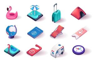 Travel vacation 3d isometric icons set. vector