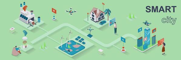 Smart city concept 3d isometric web banner. People use wireless monitoring and control, security system, eco-friendly infrastructure. illustration for landing page and web template design vector