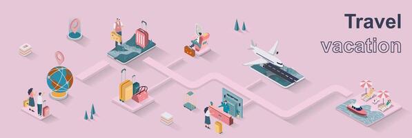 Travel vacation concept 3d isometric web banner. People with luggage choose direction, buy tickets, book hotel, relaxing at sea resort. illustration for landing page and web template design vector