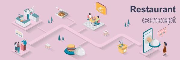 Restaurant concept 3d isometric web banner. People visit cafe, dine at cafeteria table, chef cooking in kitchen, client ordering online. illustration for landing page and web template design vector