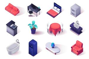 Interior furniture 3d isometric icons set. vector