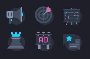 Marketing web concept of 3d paper icons set. Pack flat pictograms of online business promotion, success strategy, goal achievement and targeting, advertising. elements for website in dark style vector