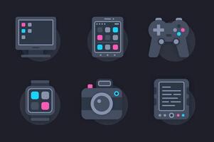 Personal devices web concept of 3d paper icons set. Pack flat pictograms of different types of electronics. Computer, smartphone, photo camera and other. elements for website in dark style vector