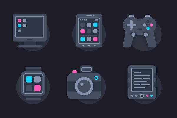 Personal devices web concept of 3d paper icons set. Pack flat pictograms of different types of electronics. Computer, smartphone, photo camera and other. elements for website in dark style