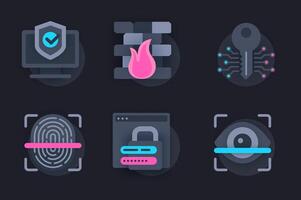 Cyber security web concept of 3d paper icons set. Pack flat pictograms of online protection, user identification, access with fingerprint scanning, password. elements for website in dark style vector