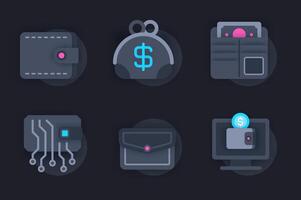 Wallet web concept of 3d paper icons set. Pack flat pictograms of cash storage in different wallets, online transactions, payment for purchases and others. elements for website in dark style vector