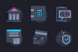 Banking web concept of 3d paper icons set. Pack flat pictograms of financial tools, money storage, savings, online transactions, cash withdrawals from ATM. elements for website in dark style vector