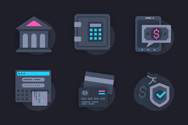 Banking web concept of 3d paper icons set. Pack flat pictograms of financial tools, money storage, savings, online transactions, cash withdrawals from ATM. elements for website in dark style
