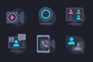 conference web concept of 3d paper icons set. Pack flat pictograms of group chats, online meetings with friends, work discussions, mobile phone calls. elements for website in dark style vector