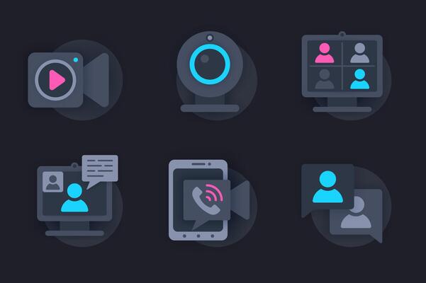 conference web concept of 3d paper icons set. Pack flat pictograms of group chats, online meetings with friends, work discussions, mobile phone calls. elements for website in dark style