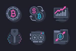 Cryptocurrency web concept of 3d paper icons set. Pack flat pictograms of crypto business and blockchain technologies, bitcoin mining, equipment and analysis. elements for website in dark style vector