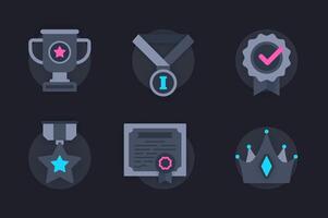 Award web concept of 3d paper icons set. Pack flat pictograms of awarding winners with cups, medals, reward badges and victory stars, diplomas and crown. elements for website in dark style vector