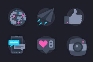 Social network web concept of 3d paper icons set. Pack flat pictograms of global internet, online communication, chat messages, photo, likes and thumbs up. elements for website in dark style vector