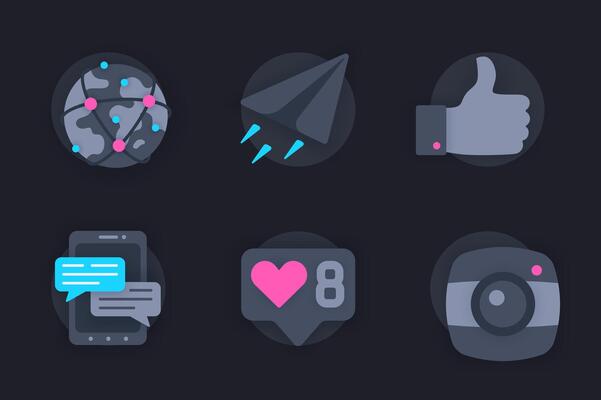 Social network web concept of 3d paper icons set. Pack flat pictograms of global internet, online communication, chat messages, photo, likes and thumbs up. elements for website in dark style