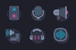 Voice and audio tools web concept of 3d paper icons set. Pack flat pictograms of microphone, megaphone, headphones, music sound and other multimedia buttons. elements for website in dark style vector