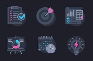 Planning web concept of 3d paper icons set. Pack flat pictograms of time management, target, data analysis, brainstorming, financial planning, organization. elements for website in dark style vector