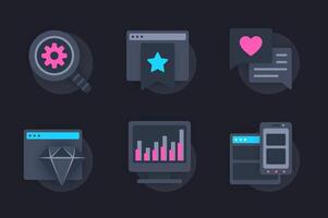 Seo optimization web concept of 3d paper icons set. Pack flat pictograms of search and settings of pages, promotion of sites in top, analysis of statistics. elements for website in dark style vector