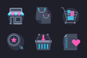 Shopping web concept of 3d paper icons set. Pack flat pictograms of making purchases, choosing goods from wish list, shopping in stores or supermarkets. elements for website in dark style vector