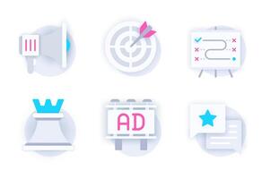 Marketing web concept of 3d paper icons set. Pack flat pictograms of advertising, targeting, strategy plan, chess, advertising banner, feedback and rating. elements for mobile app and website vector