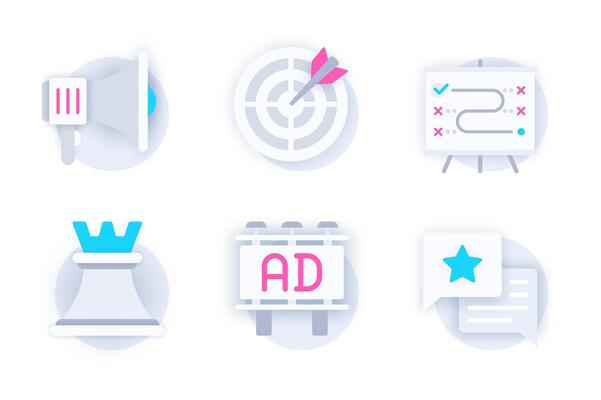 Marketing web concept of 3d paper icons set. Pack flat pictograms of advertising, targeting, strategy plan, chess, advertising banner, feedback and rating. elements for mobile app and website
