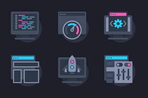 Web development concept of 3d paper icons set. Pack flat pictograms of page optimization and customization, programming, coding and testing, layout creation. elements for website in dark style vector