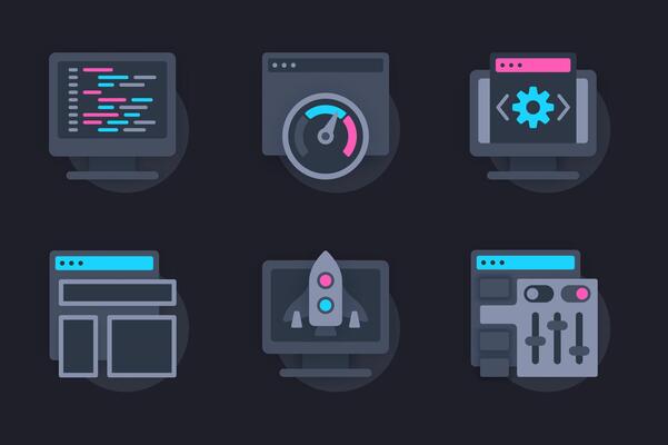 Web development concept of 3d paper icons set. Pack flat pictograms of page optimization and customization, programming, coding and testing, layout creation. elements for website in dark style